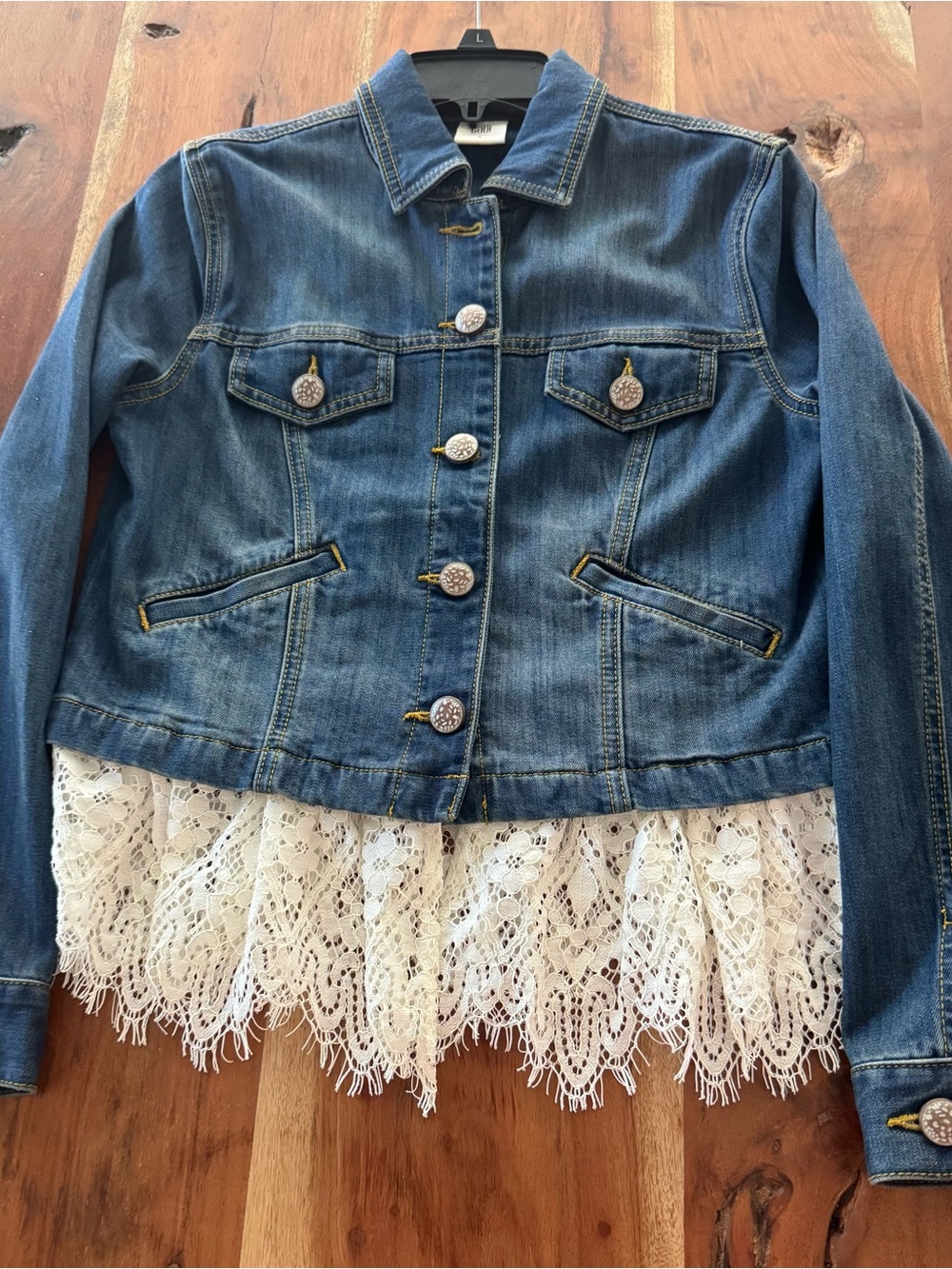 CAbi Dark Blue Denim Jacket with Contrast Stitching Lace Hem Removable - Picture 8 of 9